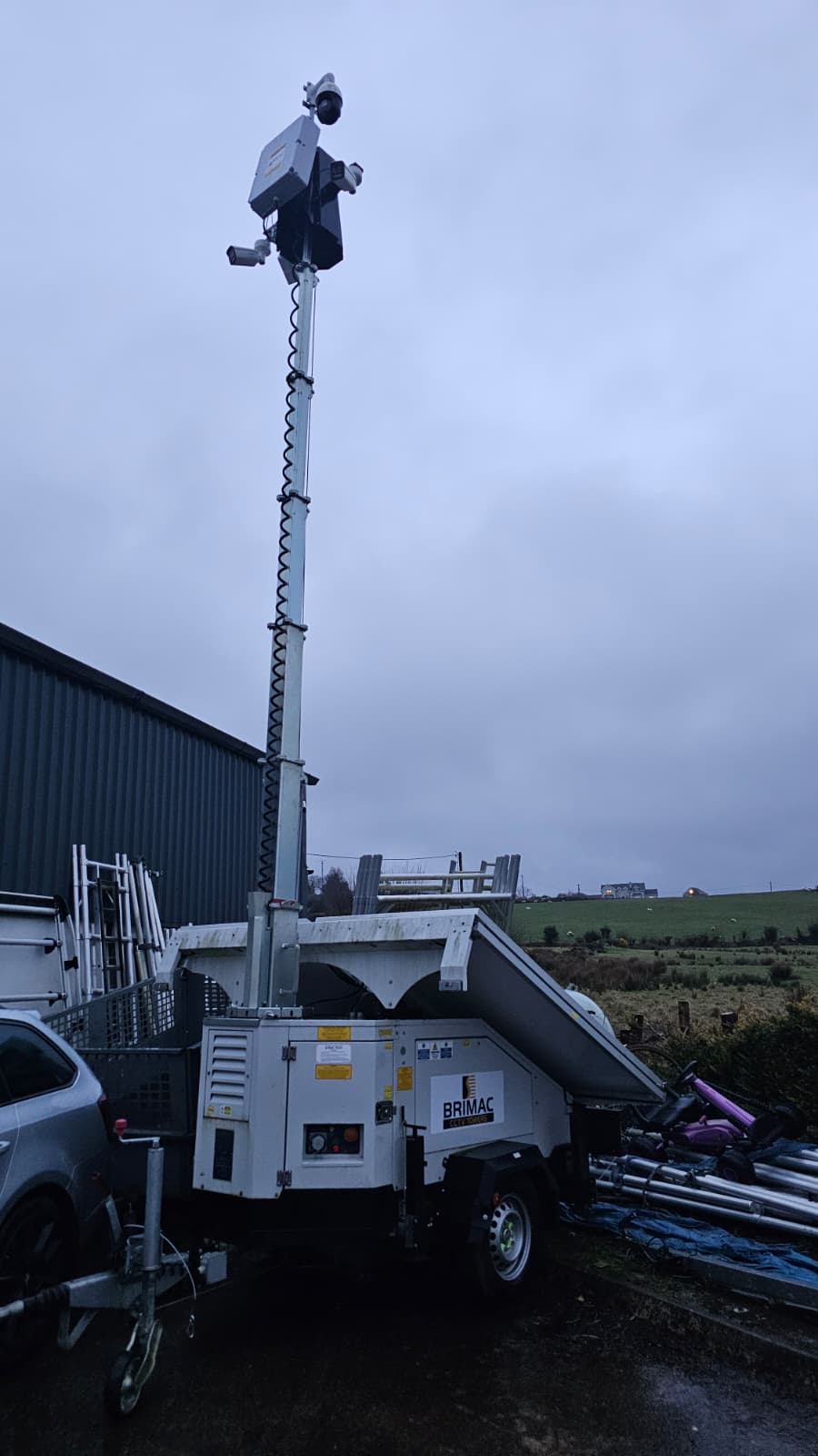Brimac CCTV tower fully deployed with mast extended and cameras active